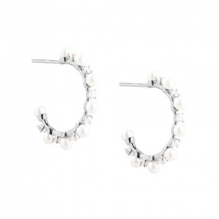 SILVER HOOPS WITH PERALS AND ZIRCONS